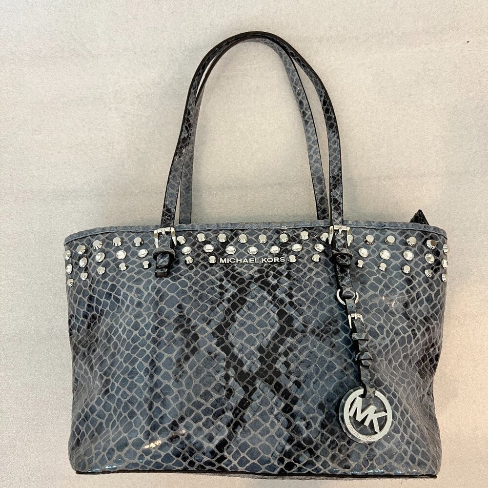 MICHAEL KORS BLUE SNAKESKIN LEATHER SILVER EMBELLISHED STUDDED TOTE HANDBAG